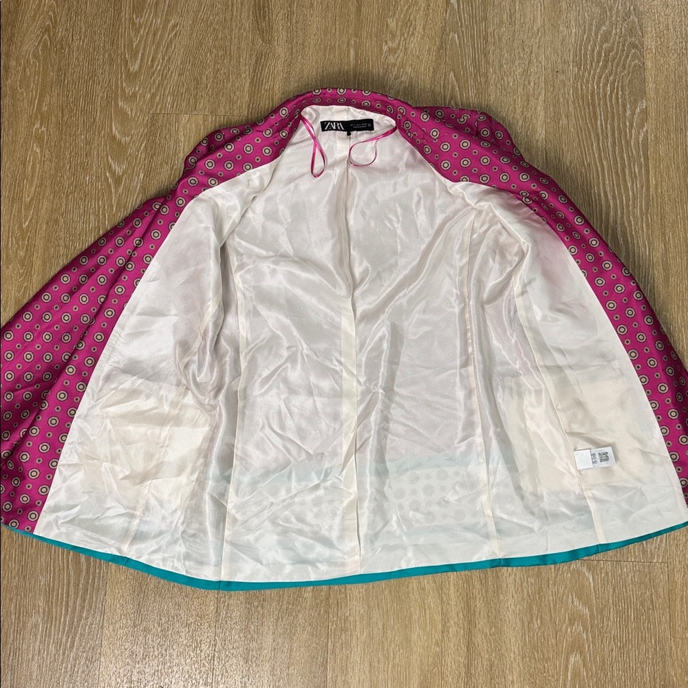 Zara Satin Effect Printed Open Front Blazer Jacket Pink Teal Blue size Small - Picture 11 of 14